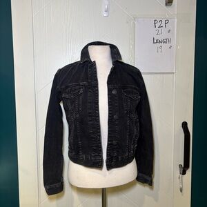 American Eagle Black Denim Jacket Washed‎ Distressed Button Up Cropped XS Boho